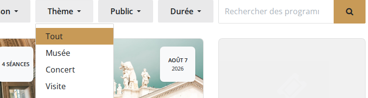 Menu déroulant du filtre Thème, avec Musée, Concert et Visite