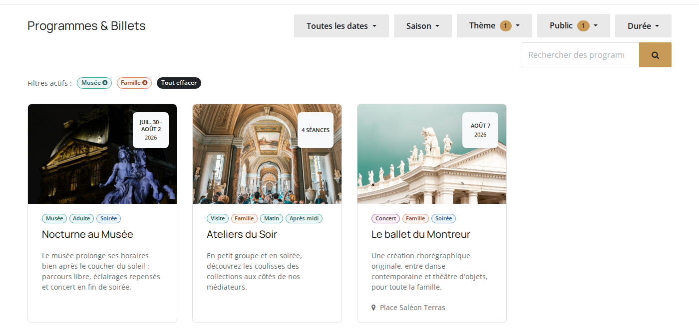 Listing avec les filtres Musée et Famille combinés, trois programmes affichés