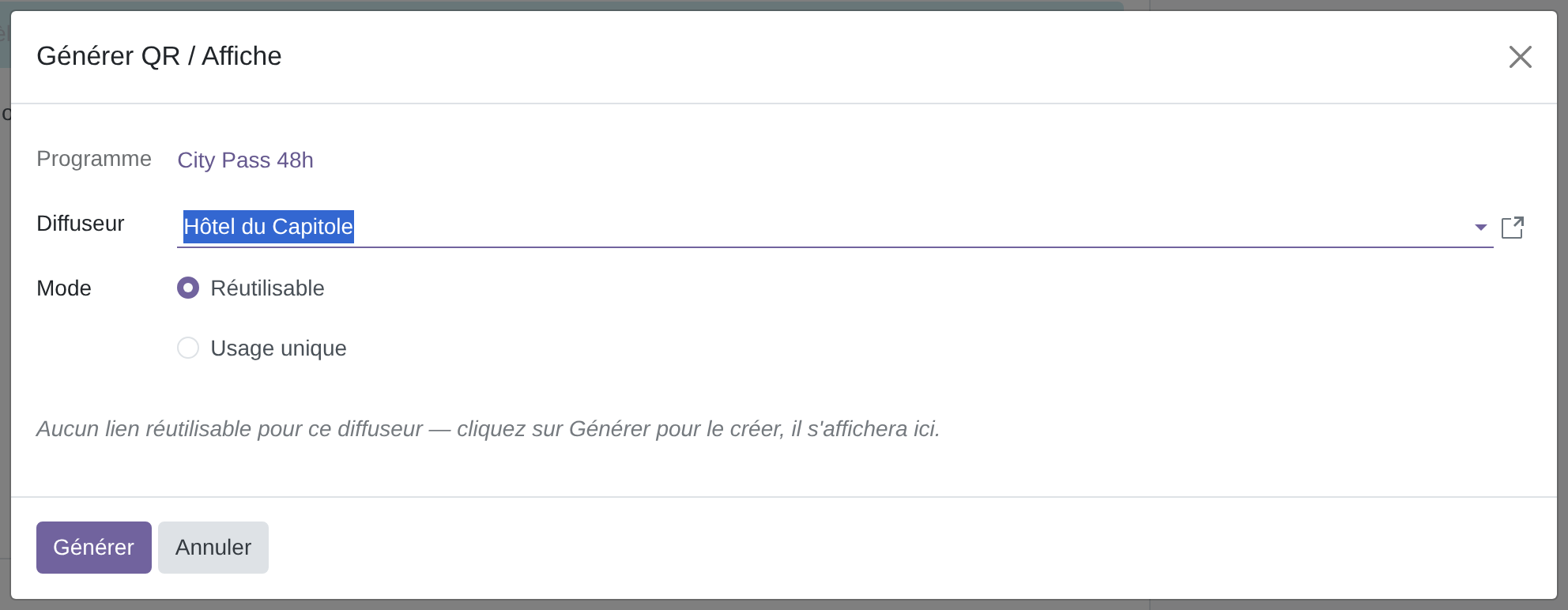 Fenêtre de génération d'un QR code