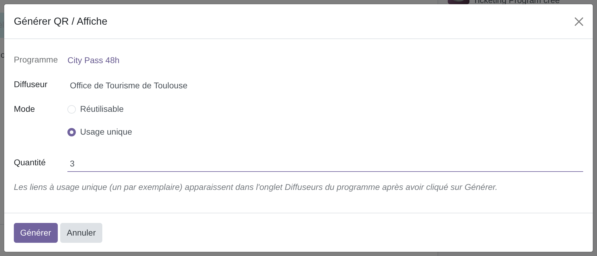 Mode Usage unique, avec le champ Quantité