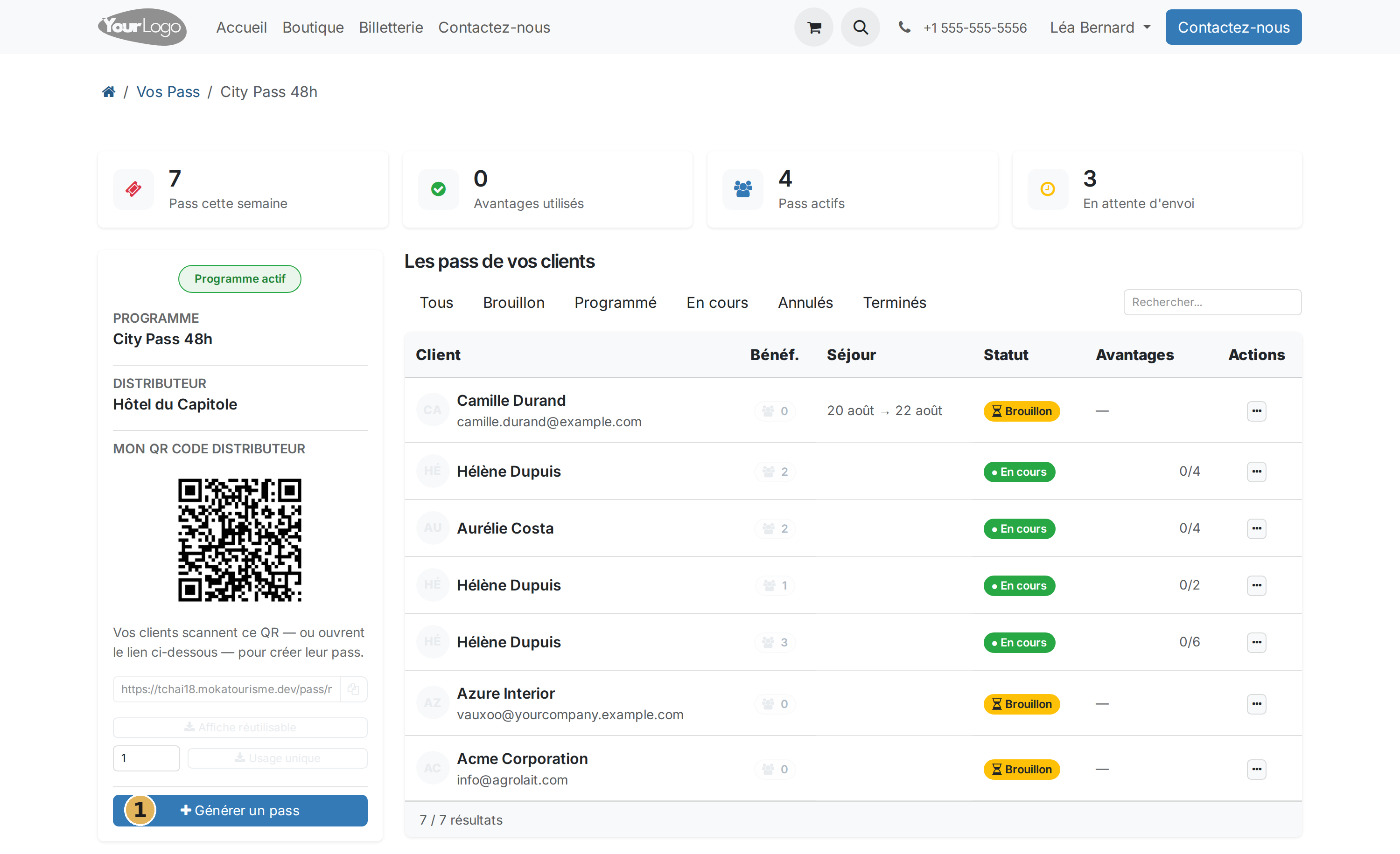 Votre page, avec le bouton Générer un pass en bas à gauche