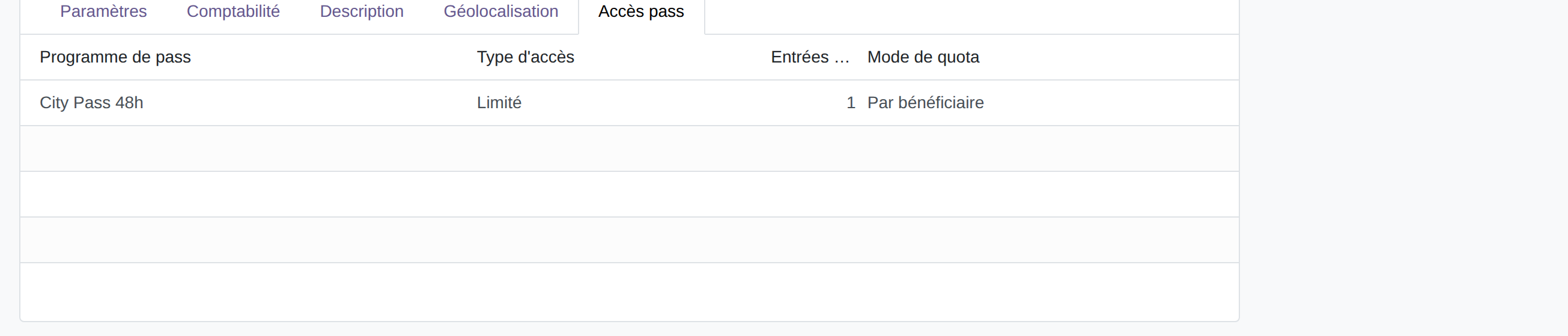 Onglet Accès pass d'une offre