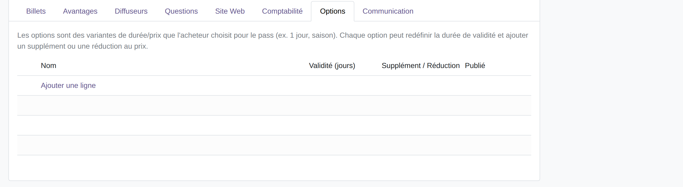 Onglet Options d'un programme de pass