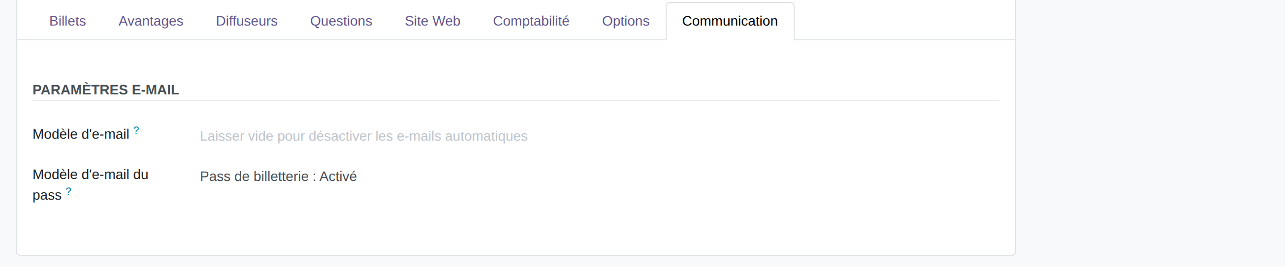 Onglet Communication d'un programme de pass