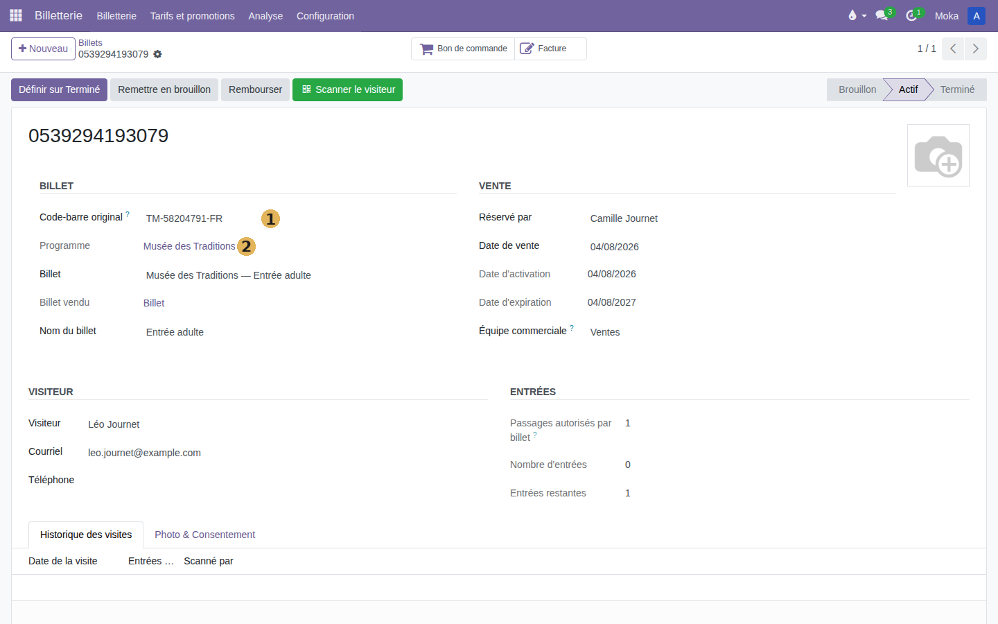 Fiche d'un billet avec le champ Code-barre original renseigné juste avant le programme