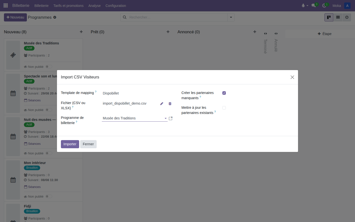 Assistant d'import CSV avec le template Dispobillet, le fichier chargé et le programme cible sélectionnés
