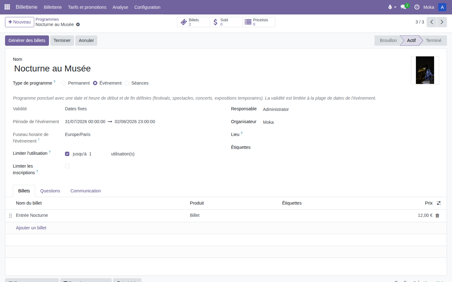 Programme événement actif, avec sa période et son billet configurés
