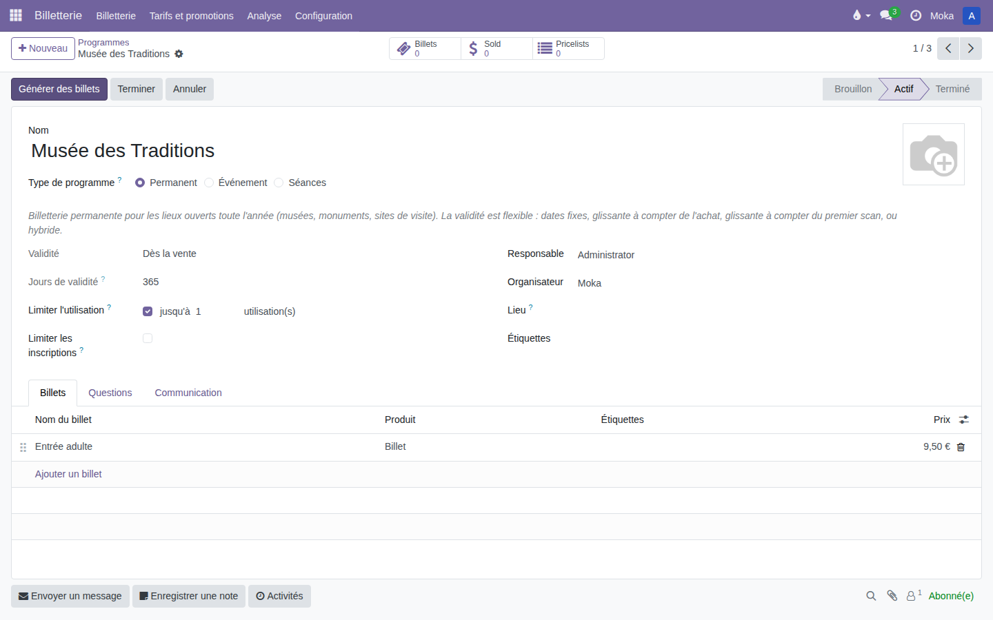 Programme activé avec un billet configuré