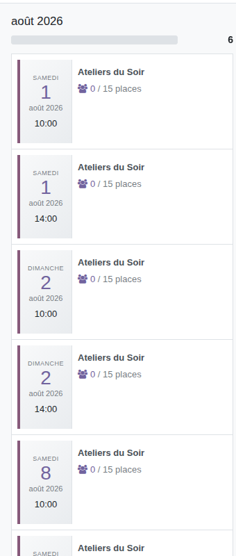 Séances générées, en vue kanban, avec places disponibles