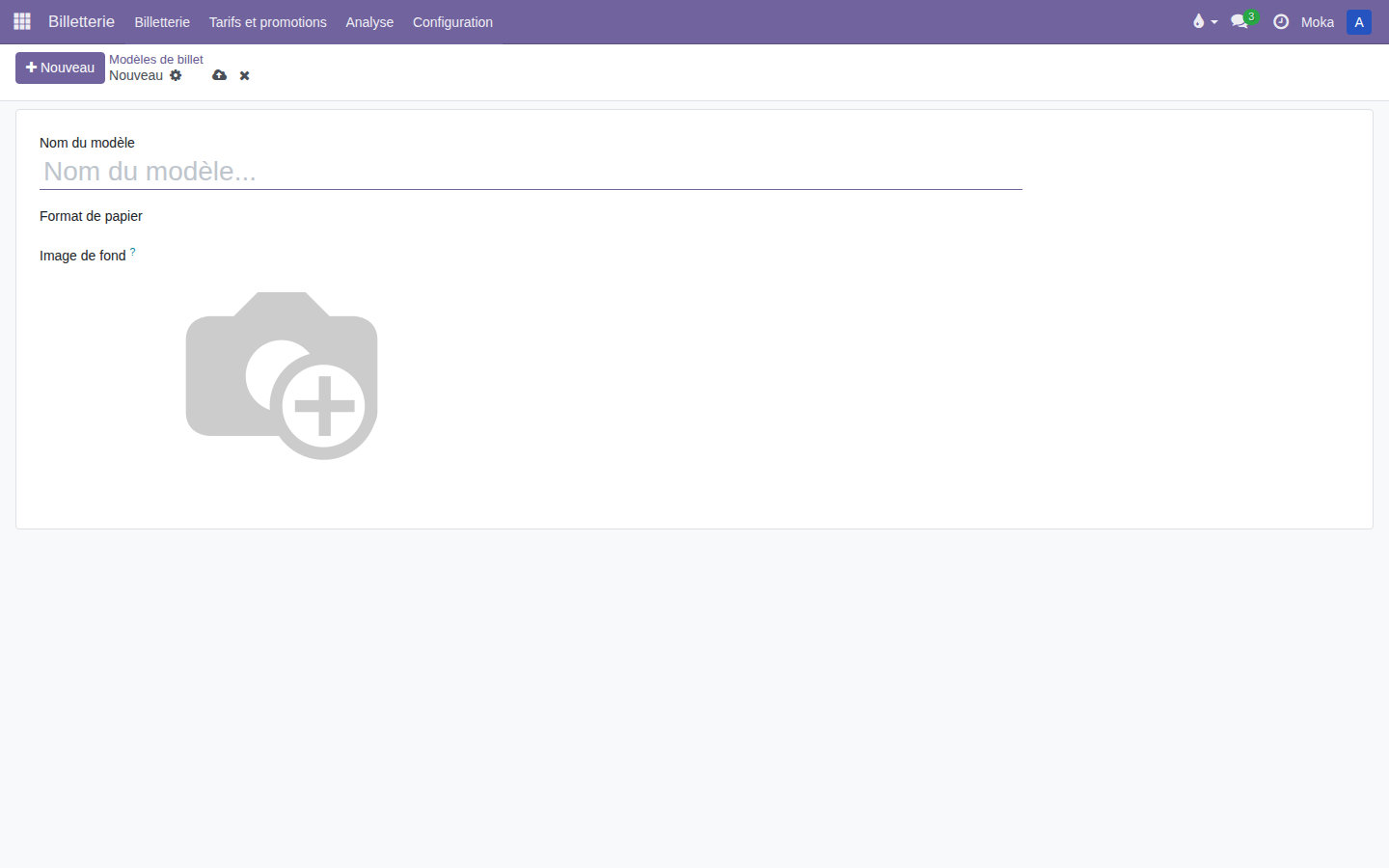 Formulaire d'un nouveau modèle de billet, avec le champ Image de fond
