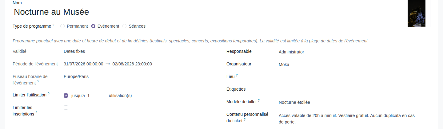 Programme avec un modèle de billet et un contenu personnalisé renseignés