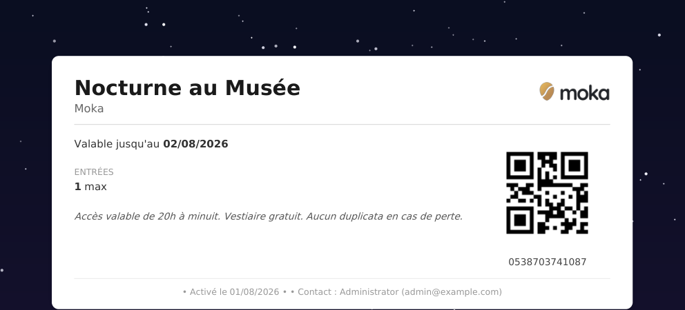 Rendu final du billet : image de fond pleine page, avec QR code et informations superposés