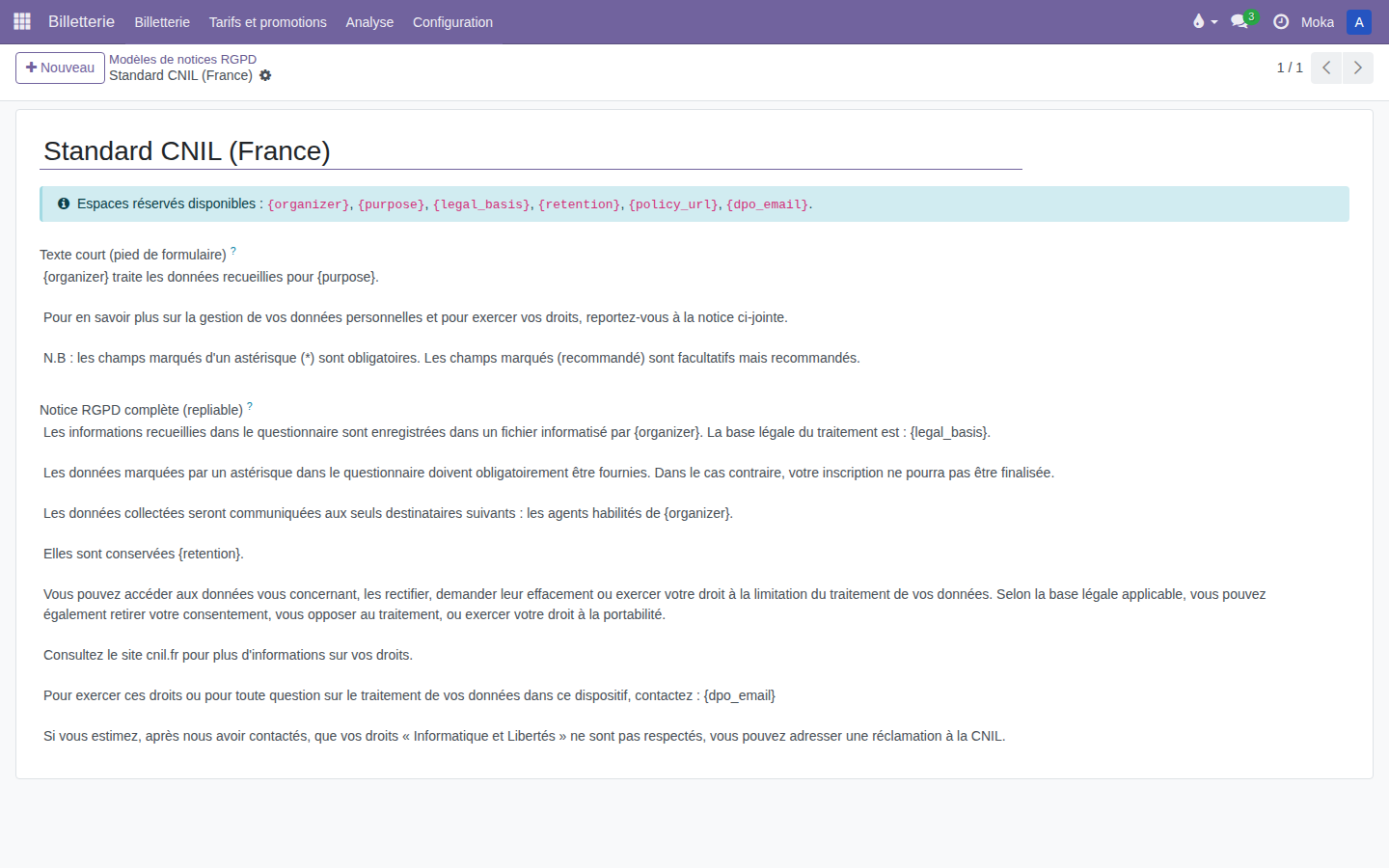 Modèle de notice RGPD Standard CNIL (France), avec ses espaces réservés