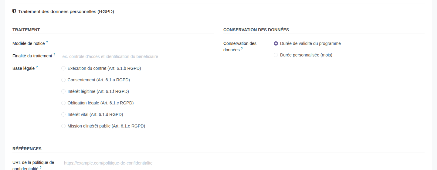 Section RGPD d'un programme, avec base légale et conservation des données