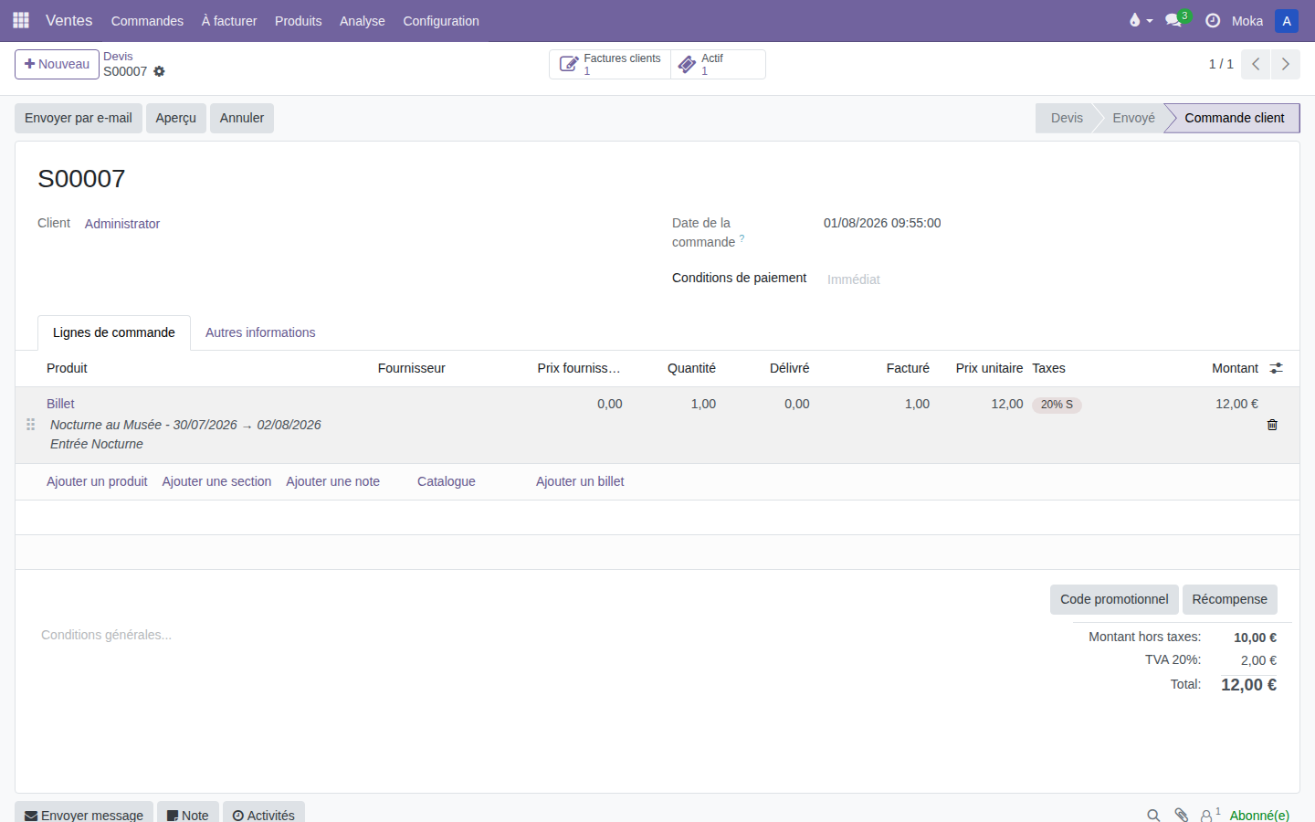 Bouton statistique "Actif" sur une commande de vente
