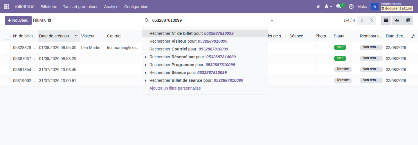 Recherche avec le filtre N° de billet proposé en premier