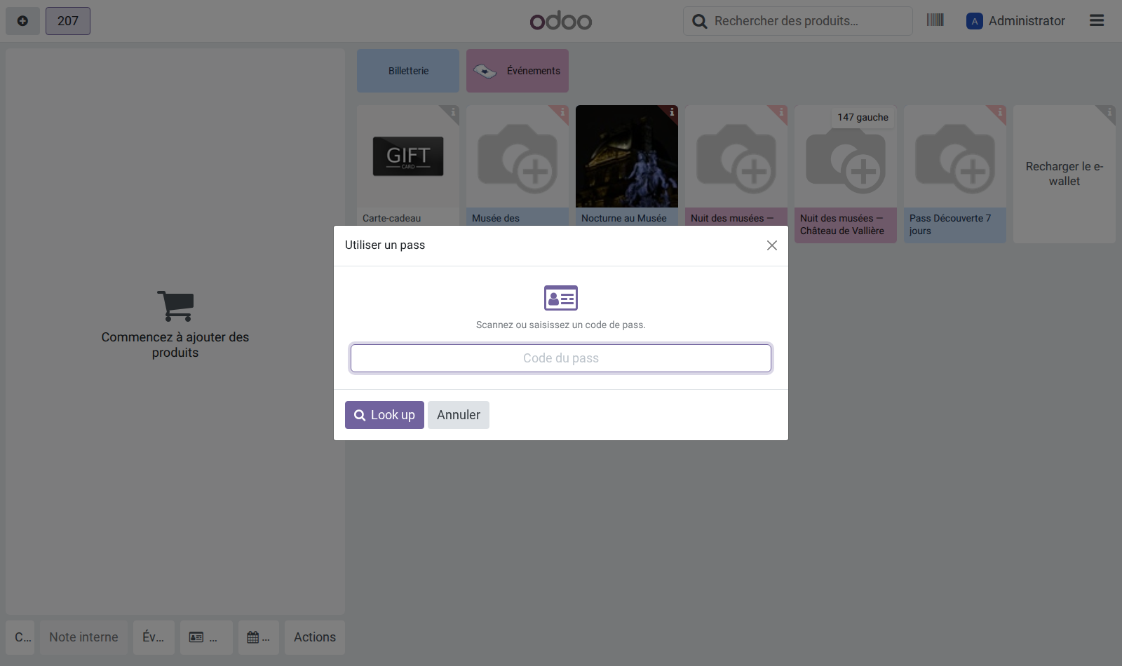 Fenêtre de saisie du code d'un pass