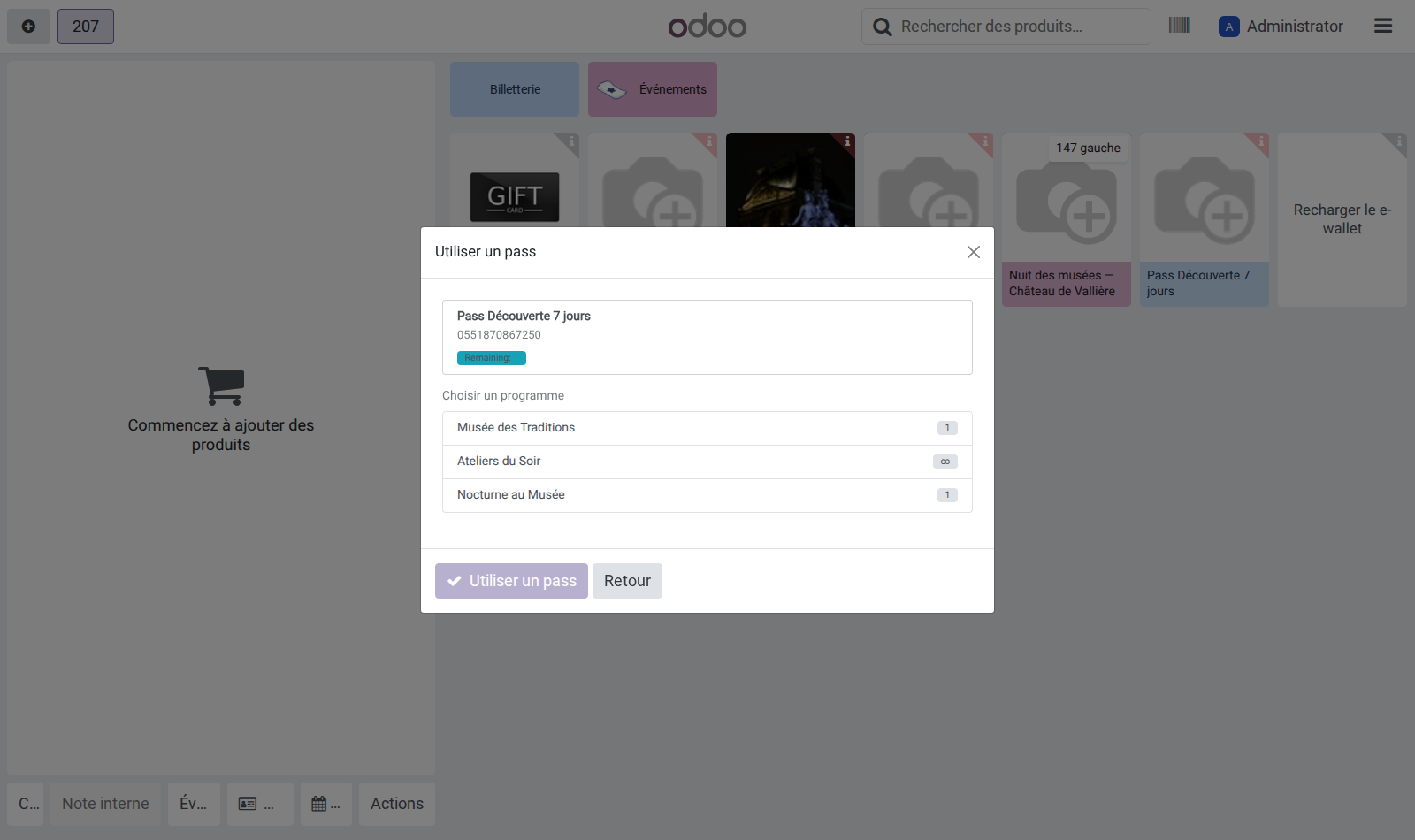 Pass reconnu, avec la liste des programmes accessibles et leur quota
