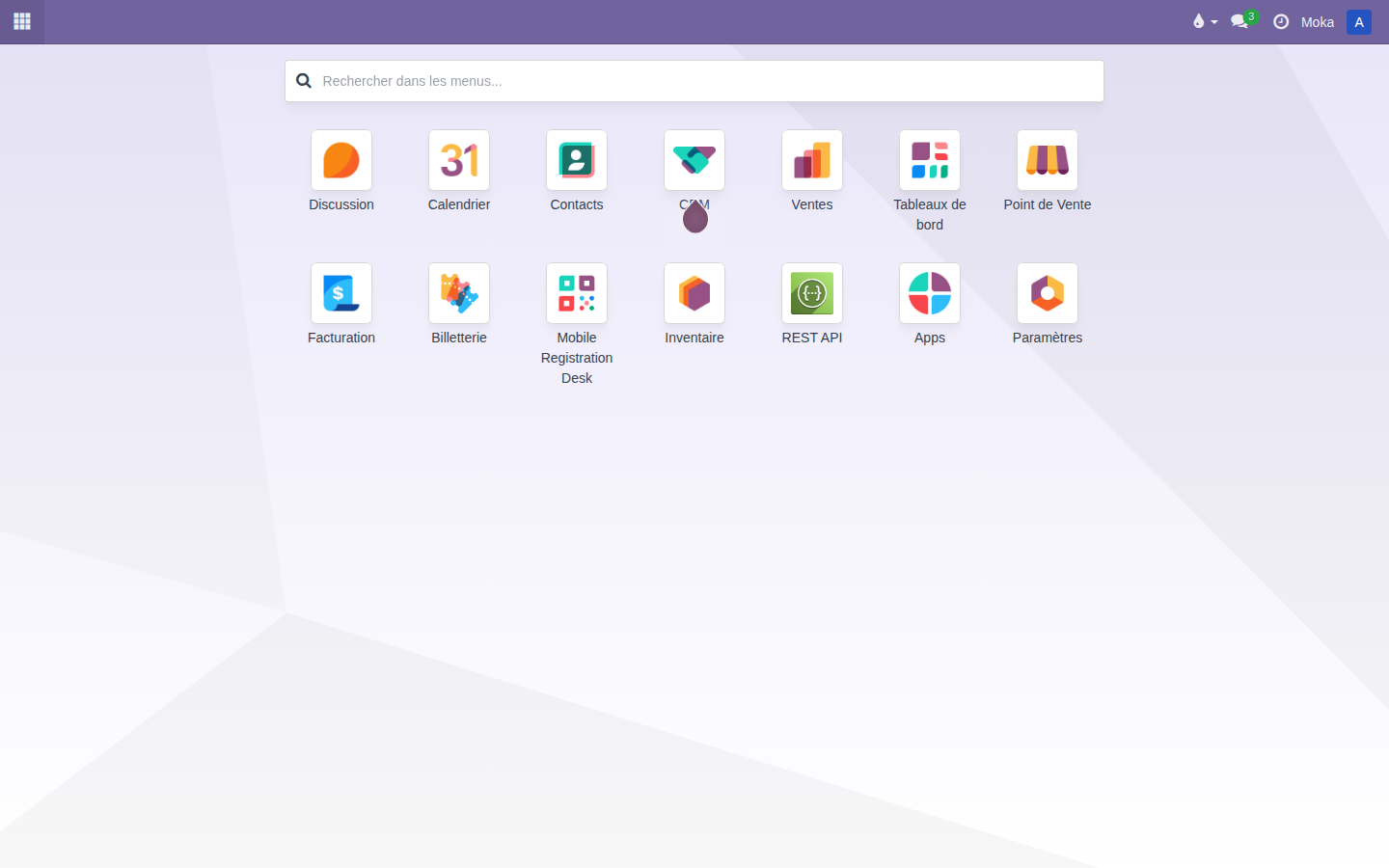 Menu Mobile Registration Desk dans le lanceur d'applications