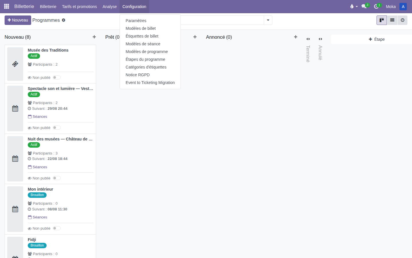 Menu Configuration de la Billetterie avec l'entrée Event to Ticketing Migration