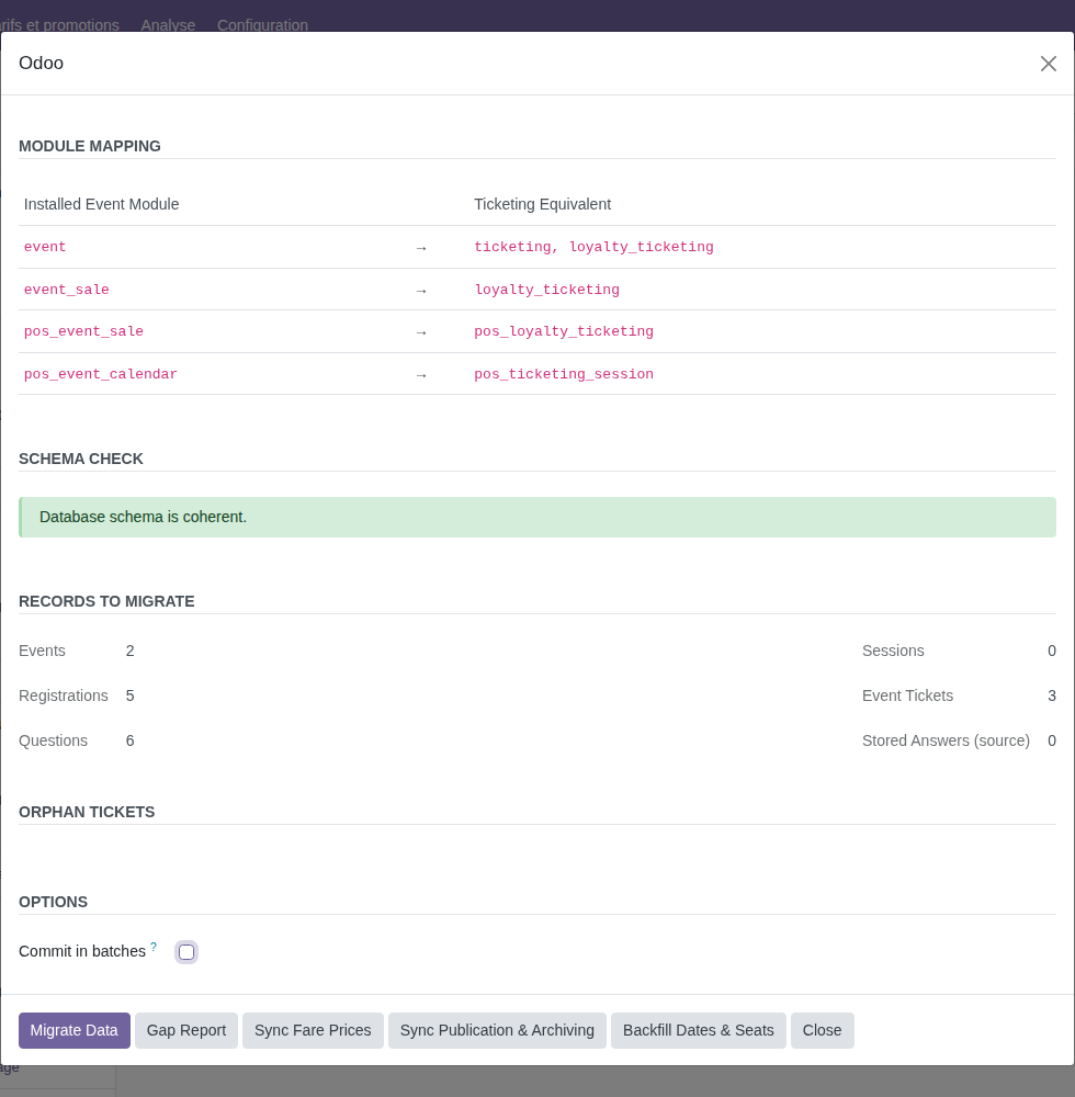 Étape Preview avec la correspondance des modules, le contrôle de schéma et les volumes à migrer