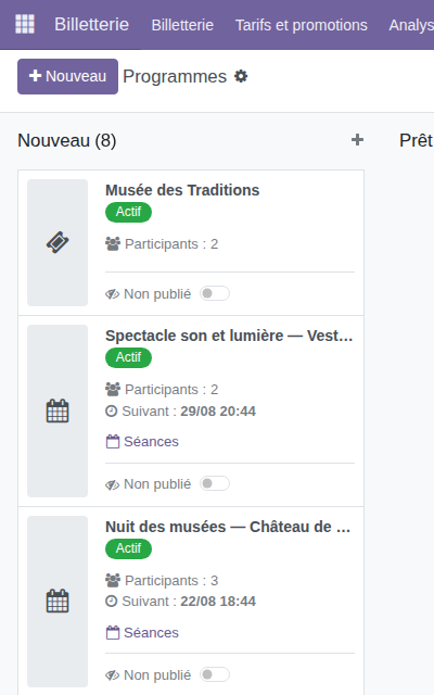 Programmes migrés visibles dans Billetterie, encore non publiés