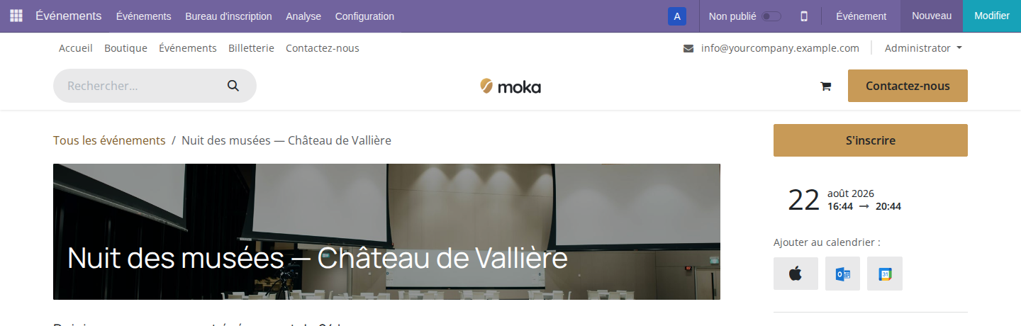Curseur de publication sur la page publique d'un événement Odoo
