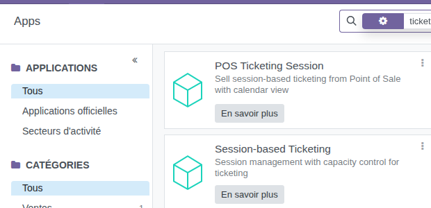 Recherche du module ticketing_session (« Session-based Ticketing ») dans Apps