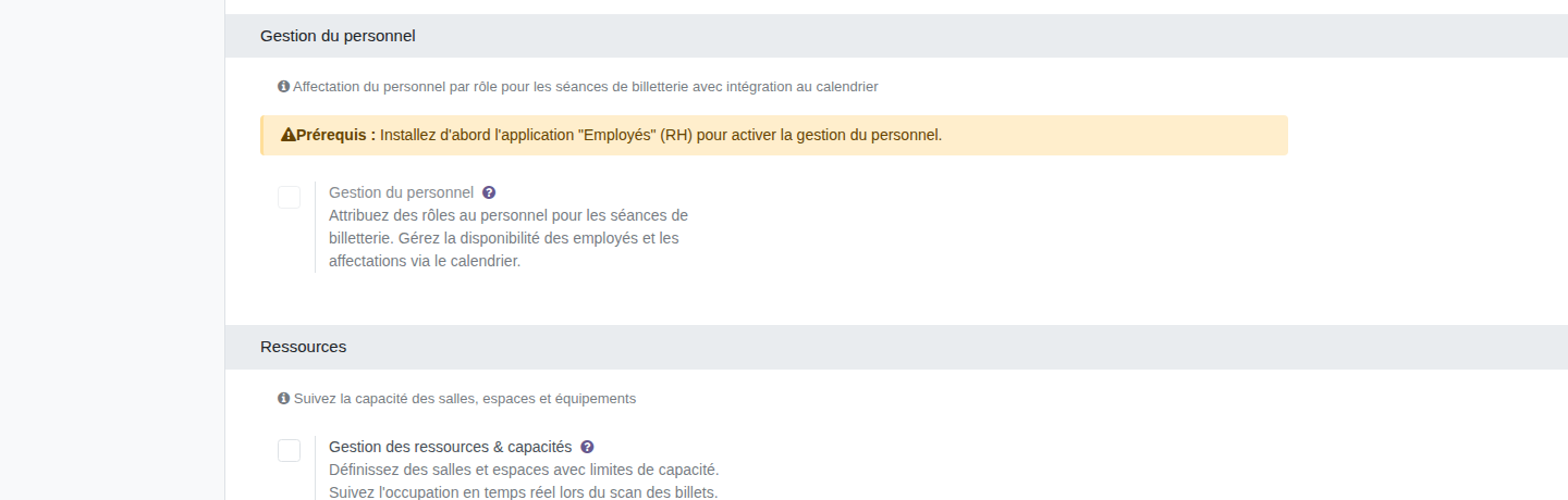 Sections Gestion du personnel et Ressources
