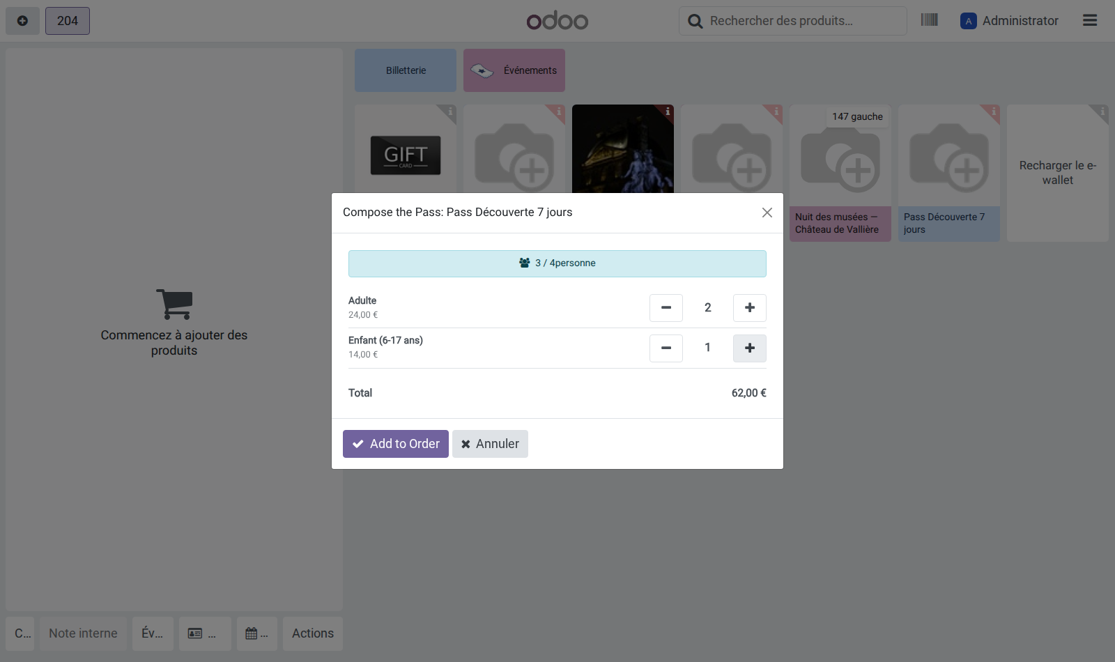 Fenêtre de composition d'un pass, 2 adultes et 1 enfant pour 62 €