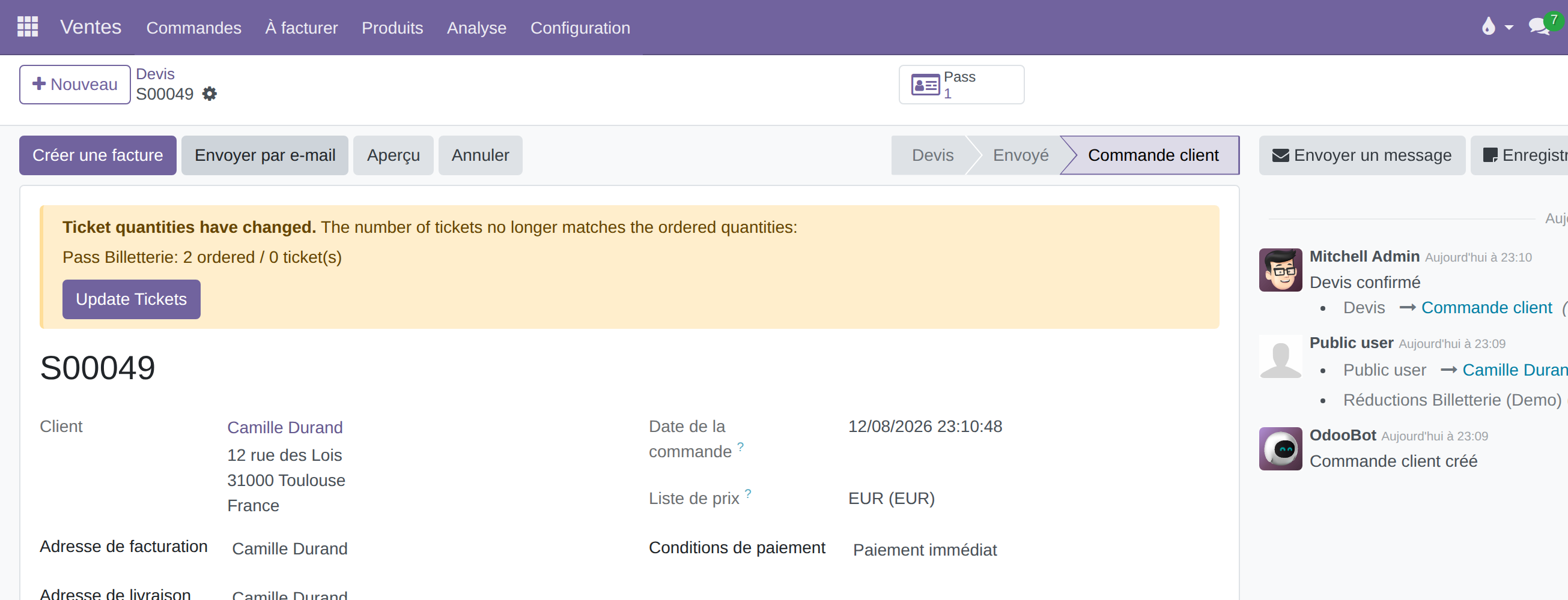Commande confirmée dans Odoo