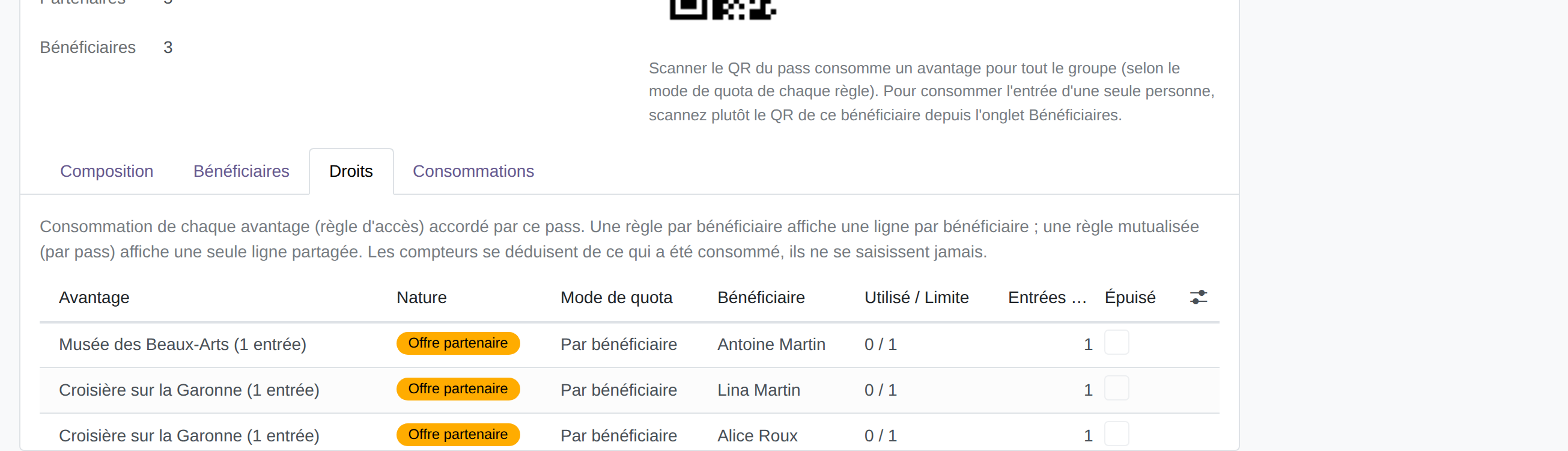 Onglet Droits d'un pass