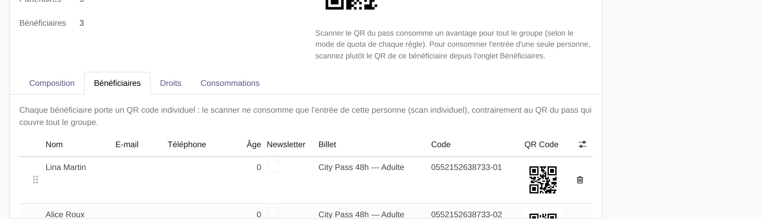 Onglet Bénéficiaires et ses QR codes individuels