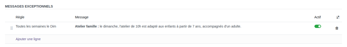 Section Messages exceptionnels avec une règle hebdomadaire configurée