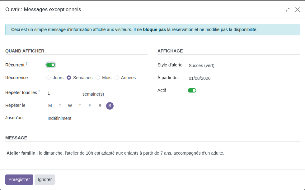 Fenêtre de configuration d'un message exceptionnel