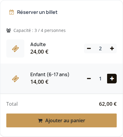 Bloc de réservation d'un pass, 2 adultes et 1 enfant pour 62 €