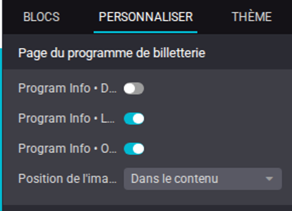 Panneau Personnaliser avec les options de la page programme
