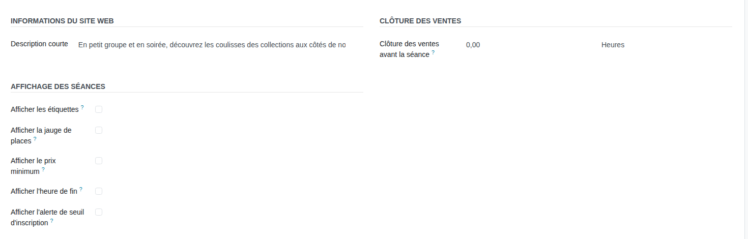 Onglet Site Web d'un programme à séances
